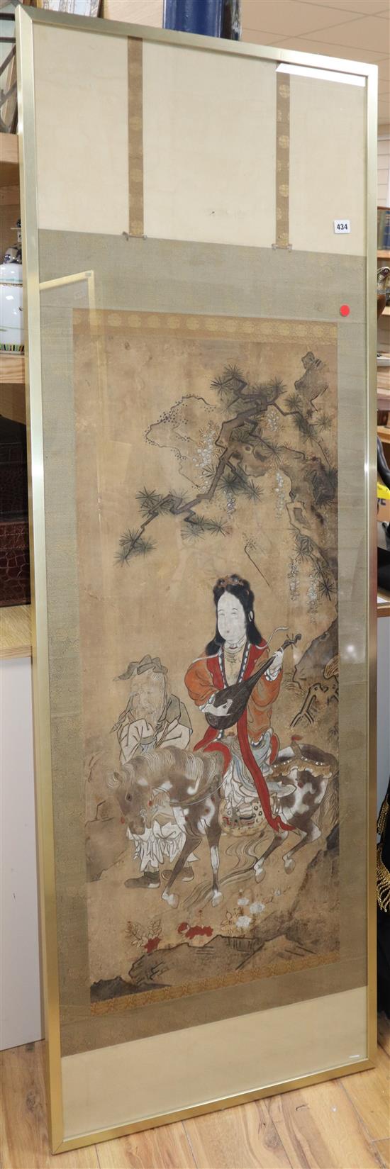 Anonymous (17th/18th century): A Chinese ink and pigment on paper panel depicting an equestrian musician